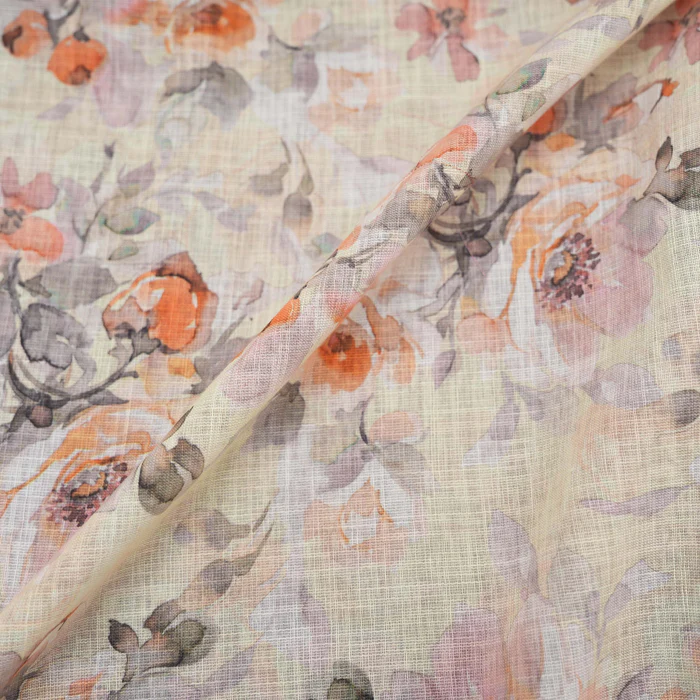 Zoom Creme White Floral Printed Linen Fabric Creme White Floral Printed Linen Fabric - Image 2