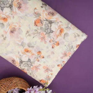 Zoom  Creme White Floral Printed Linen Fabric       Creme White Floral Printed Linen Fabric